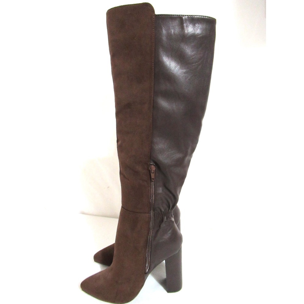 ShoeDazzle Tareena Size 37.5 (7.5) Brown Fauxe Leather/Suede Stacked Heel Boots - Picture 4 of 10